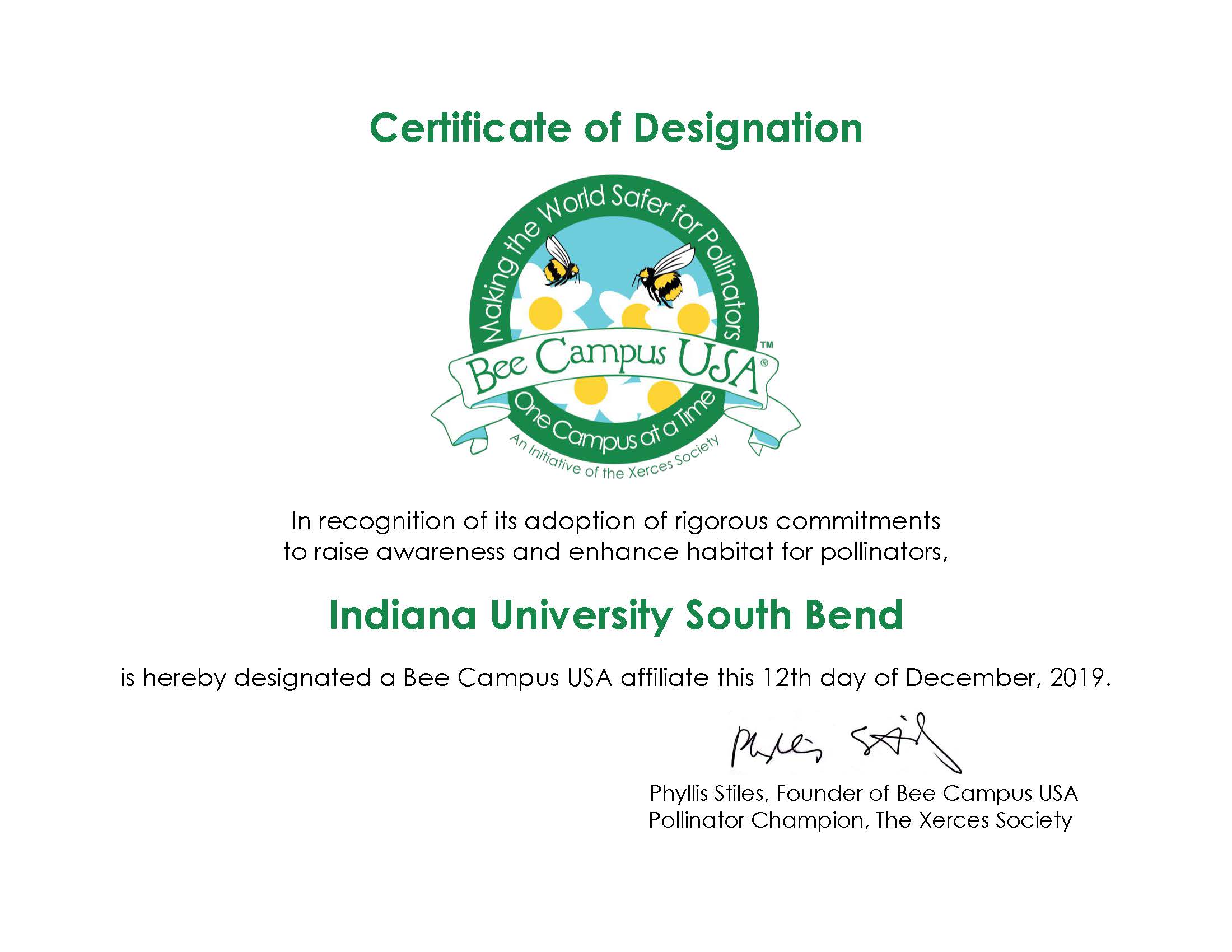IUSB Bee Campus Certificate